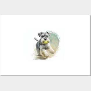 Miniature Schnauzer Playing Ball Watercolour Painting Posters and Art